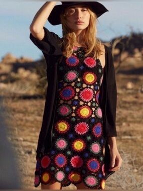H&M Coachella Crochet Beach Dress Size M Granny Square Boho Festival Sheer